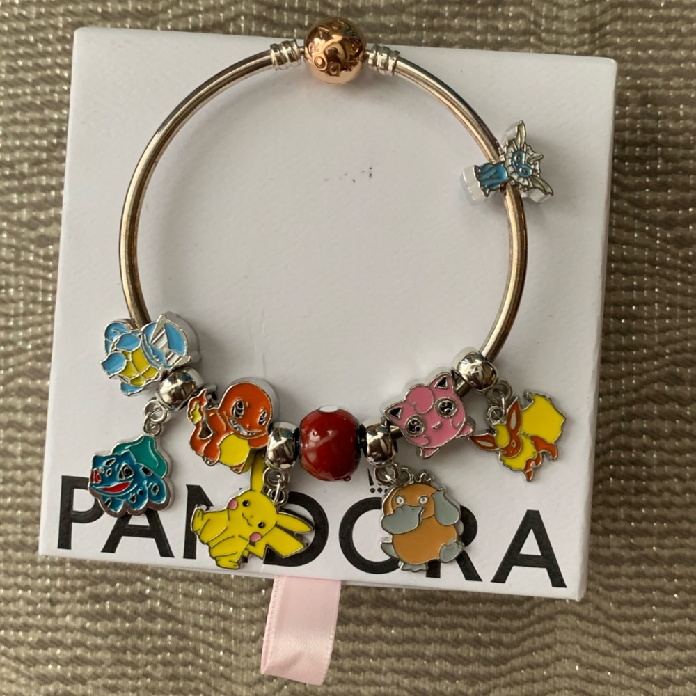 Pandora Rose Gold Clasp Bangle Bracelet w/ New 9 Pokemon Themed Charms